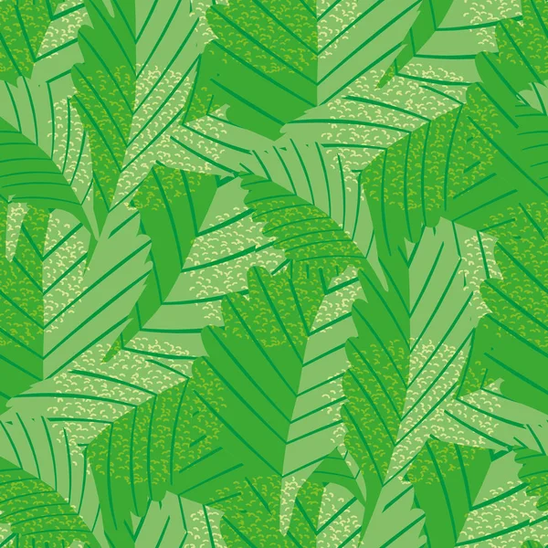 Lino print style rich green stylised vector leaves seamless pattern background. Fundo de textura com folhagem sobreposta e veias foliares lineares visíveis. Projeto botânico texturizado. Repetição monocromática. — Vetor de Stock