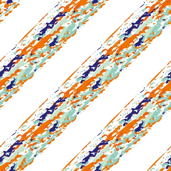 Современная краска карандашный диагональ полосы вектор бесшовный фон шаблона. Болезненный стиль мазка кистью наклонный индиго, оранжевый, синий полосы на белом фоне. Абстрактный геометрический дизайн. Тропическая концепция. — стоковый вектор