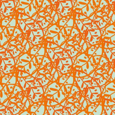 Abstract Calathea leaf stylised leaf vector texture. Seamless pattern background. Stylised linocut effect orange aqua blue backdrop. Layered dense weave botanical leaves. Painterly jungle foliage.