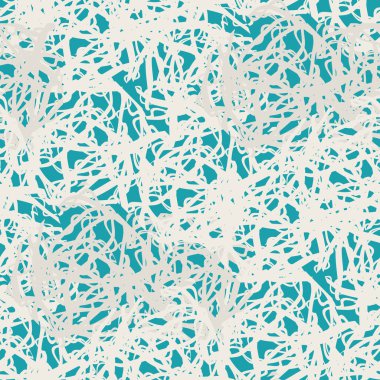 Soyut dantel vektörsüz şablon arka planı. Mavi beyaz arka plan, lifli ağ desenli mavi ve beyaz. İplik telleri üst üste biniyor. Paketleme için desenli örgü tekrarla