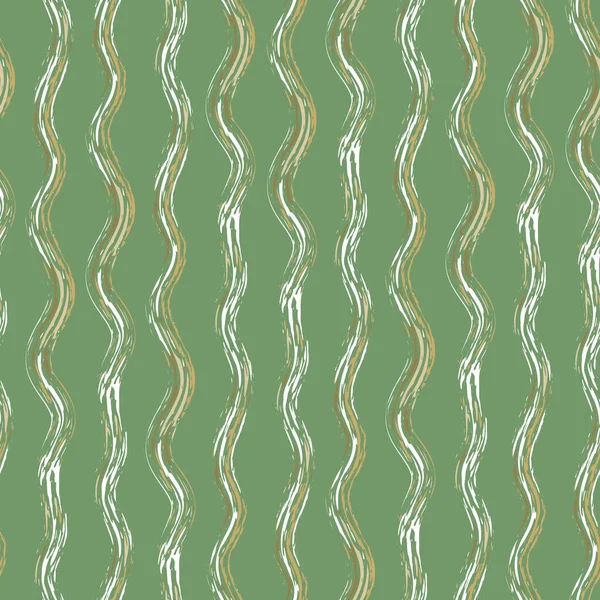 Brins dessinés à la main de bandes brisées ondulées.Modèle vectoriel sans couture avec des brins de fibres verticales irrégulières. Design géométrique linéaire sur fond vert organique. Peinture coup de pinceau rustique partout imprimer — Image vectorielle