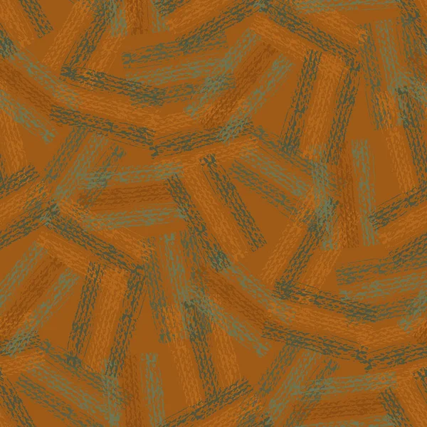 Abstract vector gauze brush effect rectangles seamless pattern background. Backdrop of scattered ochre green painterly striped shapes with spliced edges.Textured fibre weave band aid effect repeat — Vetor de Stock