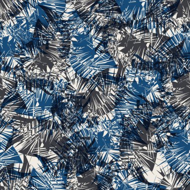 Cordyline leaf abstract seamless vector pattern background. Midcentury modern spiky foliage backdrop in blue, white, black Botanical overlapping leaves texture. Colorful faux tie dye all over print
