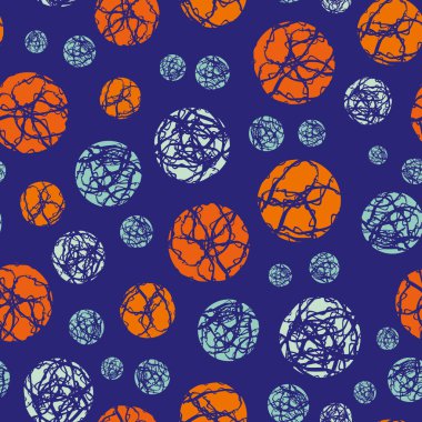 Mermer efekt, vektörsüz şablon arka planında daireler çizer. Dağınık mermer şablon tarzı yuvarlak şekiller neon turuncu çivit mavisi arka plan. Paketleme için soyut doku tekrarı yazdırma