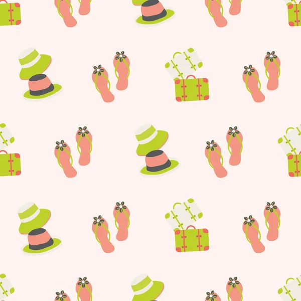 Vector travel fun seamless pattern background with flip flops, hats, suitcases. Tropical repeat backdrop with pink,lime green, orange vacation icons. All over print for summer, beach holiday concept — Stock Vector