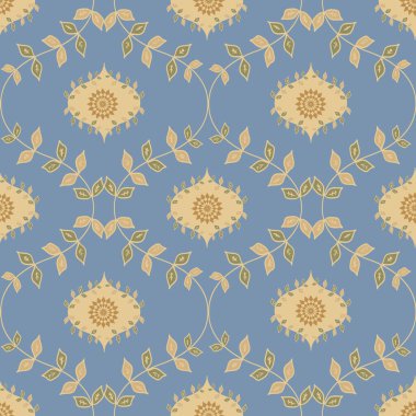 Ogee yaprakları ve süs çiçekleri ile dikişsiz arka plan deseni. Zarif geometrik yaprak tarihi arkaplan mavi ve ılık sarı. Geleneksel botanik tekrarı.