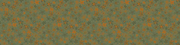 Tropical ditsy scribbled doodle λουλούδι διάνυσμα απρόσκοπτη φόντο συνόρων. Πυκνό millefleur στυλ χειροποίητα λουλούδια ώχρα φασκόμηλο πράσινο πανό. Retro εβδομήντα πυκνό σχεδιασμό. Μεγάλη για μπορντούρα, κορδέλα — Διανυσματικό Αρχείο