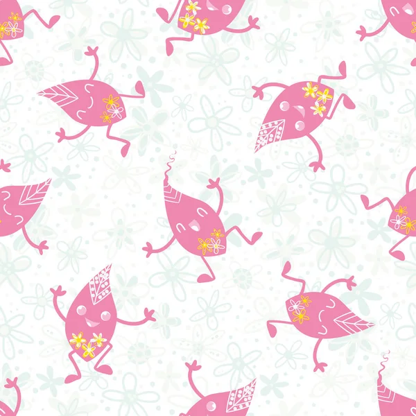Bonito kawaii folha rosa sem costura vetor padrão fundo. Feliz rosa rindo dança desenhos animados folhas em floral texturizado hortelã pano de fundo verde. Motivos desenhados à mão em design disperso. Repita para o bebê — Vetor de Stock
