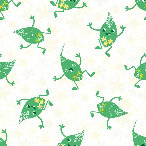 Cute kawaii leaf green yellow white seamless vector pattern background. Happy laughing dancing cartoon leaves on floral textured backdrop. Hand drawn motifs in scattered design. Repeat for kids — Stock Vector