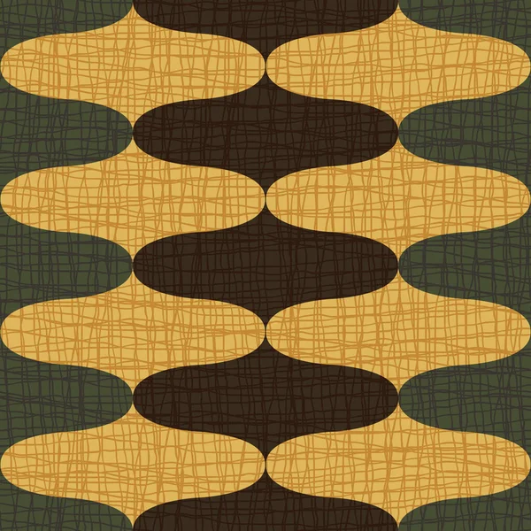 Ogee abstrato vetor sem costura fundo padrão com formas de cebola retro. Elegante fundo geométrico ocre, preto, verde com textura de mistura de linho. Negrito simétrico estilo retro repetição —  Vetores de Stock