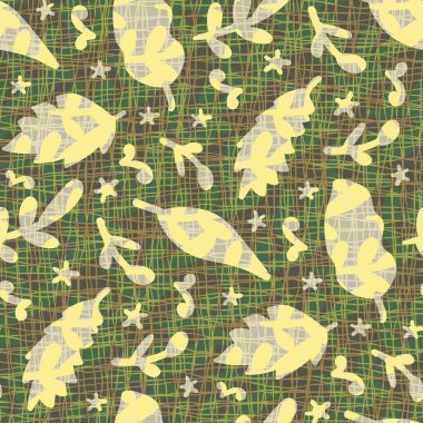 Saf karalama yaprağı desensiz vektör desenli arka plan. Sarı gri meşe yaprakları, huş yaprakları, çuval bezi dokusuyla harmanlanmış dallar. El çizimi çok yönlü botanik tekrarı.