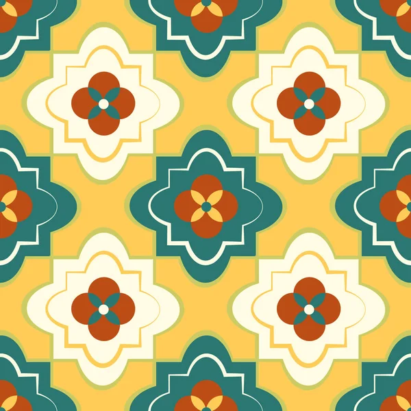 Quatrefoil naadloze vector patroon achtergrond. Azulejo stijl achtergrond met historische folie motieven in mosterd geel, teal, rood. Decoratieve oosterse moorish design. Moderne arabesque herhaling voor wellness — Stockvector