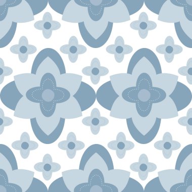 Dörtlü folyo çiçekli, dikdörtgen vektör desenli arka plan. Tarihi folyo motifleriyle Azulejo tarzı arka plan. Delft mavi duoton dekoratif doğu moorish tasarımı. Sağlıklı olmak için Arabesk tekrarla