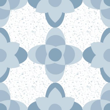 Dört katlı folyolu, kusursuz vektör desenli arka plan. Azulejo stili tarihi folyo motifleri beyaz terrazzo desenli arka planda delft mavisi. Dekoratif bozkır tasarımı. Seyahat ve ambalaj için Arabesk tekrarla