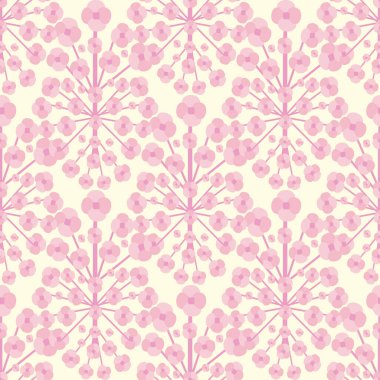 Şekillendirilmiş Sakura çiçeği kusursuz vektör desenli arka plan. Millefleur tarzı harmanlanmış arka plan pembe ve pastel sarısı. Bahar tomurcukları ile Damask çiçek desenli botanik tasarımı. Gelişmiş tekrarlar