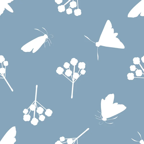 Butterfly floral vector seamless pattern background. Backdrop with varied silhouettes of butterflies and flower stems. Duotone delft blue white repeat.Flying bugs, plants design for wellness, baby.. — Stock Vector
