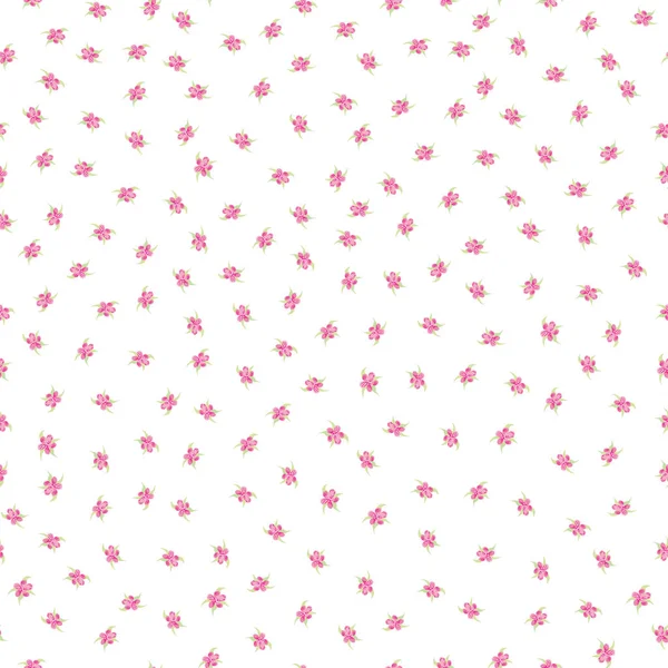 Ditsy Sakura 꽃없는 벡터 패턴 배경. 여기저기피어 있는 벚꽃들은 분홍빛으로 하얀 배경을 이룹니다. 여성 밀도 반복적으로 꽃봉오리와 함께 꽃 식물학적 설계. 사방에 인쇄되어 있다 — 스톡 벡터