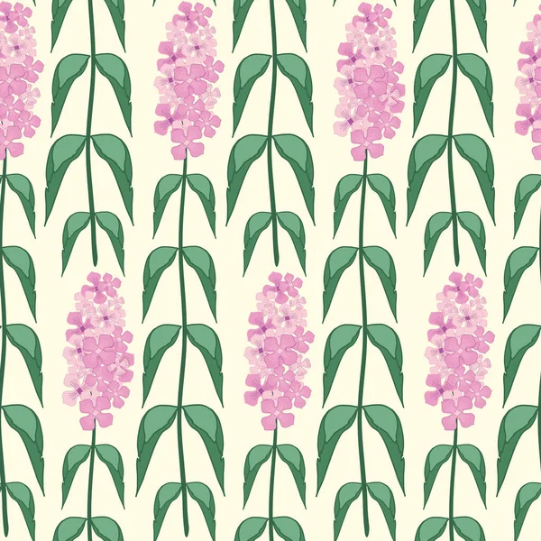 Fondo de patrón vectorial sin costuras Buddleia. Conocido como arbusto de mariposa. Clústeres dibujados a mano de pétalos de color púrpura rosado en tallos altos sobre fondo amarillo. Popular jardín arbusto repetición geométrica. Para el bienestar — Vector de stock