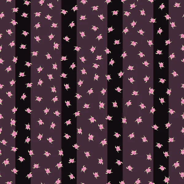 Ditsy Sakura flor sin costuras vector patrón de fondo. Hojas dispersas de pétalos de cereza sobre fondo de rayas de color púrpura negro. Denso diseño botánico floral repetido con brotes de primavera. Elegante en toda la impresión — Archivo Imágenes Vectoriales