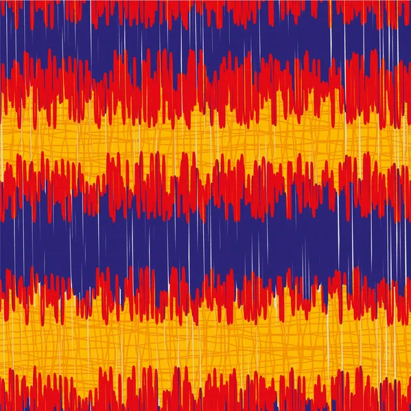 Estilo Shibori vector rayado sin costura patrón de fondo. Rayas de garabato horizontales en rojo índigo naranja neón con textura de arpillera. Efecto de tejido batik simulado repetido para concepto tropical — Archivo Imágenes Vectoriales