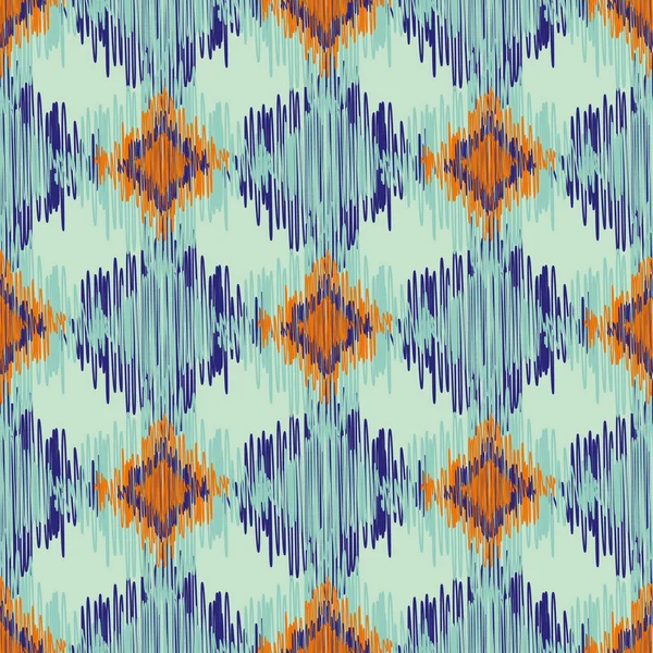 Shibori style ikat vecteur sans couture motif vectoriel arrière-plan. Diamant gravé forme toile de fond en orange, bleu vert. Répétez l'effet de tissage. Simulé géométrique tissé partout impression bien-être, emballage — Image vectorielle