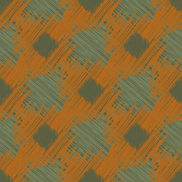 Shibori stili ikat vektörsüz vektör şablonu. Karalanmış elmas şekilleri toprak rengi adaçayı yeşiliyle arkaplanda. Dokuma efekti. Baskı sağlığı ve ambalaj üzerine örülmüş geometrik — Stok Vektör