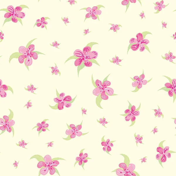 Sakura flor sin costura vector patrón de fondo. Los pétalos de cereza dispersos dejan pastel rosado sobre fondo amarillo. Diseño botánico floral femenino de repetición con brotes de primavera. Elegante en toda la impresión — Vector de stock