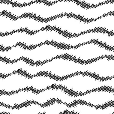 Dalgalı karalanmış çizgiler, kusursuz vektör desenli arka plan. Yatay olmayan çizgiler siyah ve beyaz dalgalı zig zag dalgaları tekrar ediyor. Soyut karalama geometrik çizgiler çizer. Tüm baskılar doğrusal