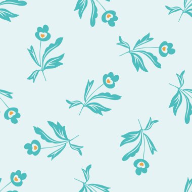 El çizimi mavi çiçekli, dikdörtgen vektör desenli arka plan. Açık mavi arka planda turuncu aksanlı, sade, dağınık çiçekler. Bebek partisi için modern tarz, plaj kıyafeti, hediye..