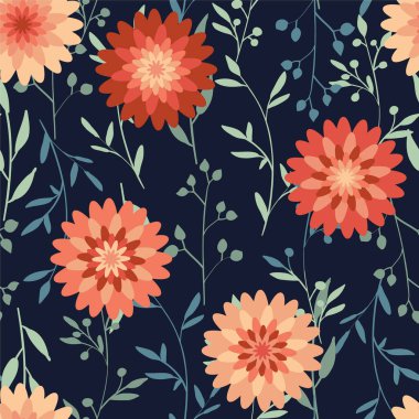 Derin Mavi Arkaplanda Kusursuz Büyük Çiçek Şablonu