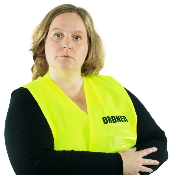 Sicherheitsfrau in gelber Ordnerweste isoliert — Stockfoto