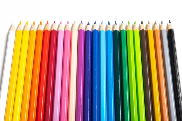 Colored Pencils Different Colors Lined White Background — Stock Photo, Image