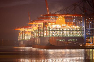 Hamburg, Almanya - 14 Kasım 2020: Hamburg, Burchardkai 'deki konteyner terminali, çeşitli nakliye şirketleri tarafından çeşitli konteynırların yüklenip boşaltılması