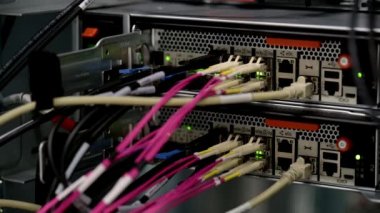 Bir veri merkezinde fiber optik ağ kablosu ile bağlantı görüntülemek için ağ anahtarı LED ışıkları