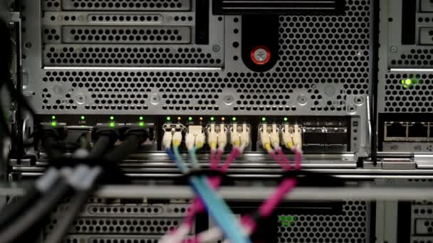 数据中心用光纤网络电缆连接显示的网络交换机Led灯 — 图库视频影像