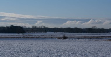 Sabahın erken saatlerinde soğuk karlı tarlalar.