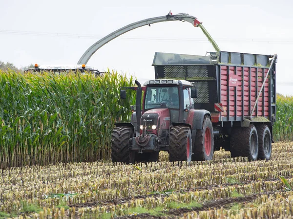 FENDT 820 Vario traktörü, at arabası ve Claas Jaguar mısır helikopteri. 