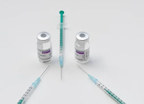 Caja Vacunas Con Vacuna Covid Vacuna Astrazeneca — Foto de Stock