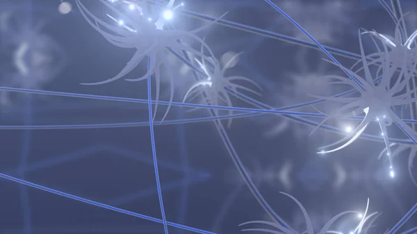 3d illustration of neuron cells with glowing link knots in abstract dark space.