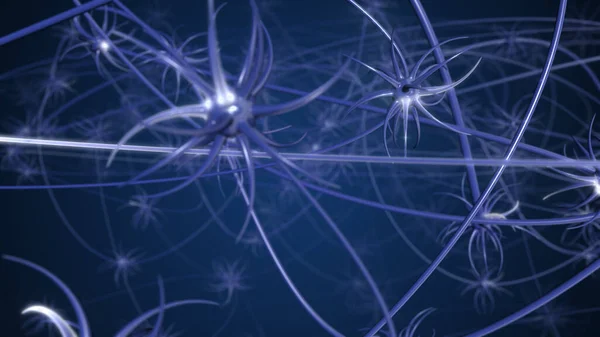 Illustration 3D de cellules neuronales avec des nœuds lumineux dans l'espace sombre abstrait. — Photo