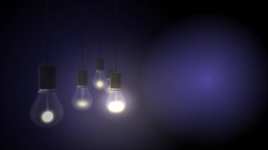 Açık mavi arkaplanda parlayan 3D asılı ampullerin canlandırılması.