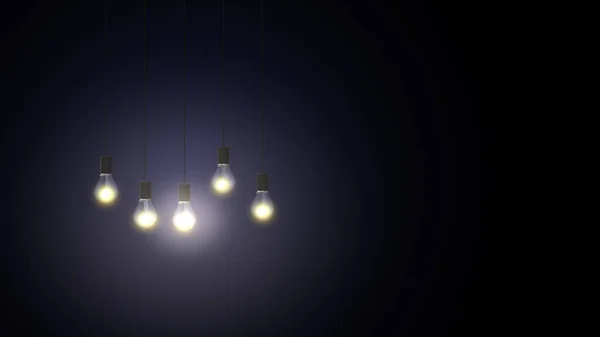 3D-Wiedergabe beleuchteter Glühbirnen in einer Reihe schummriger. — Stockfoto