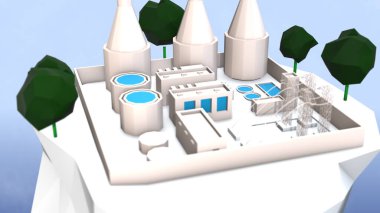 Temiz elektrik üretimini gösteren 3D illüstrasyon.