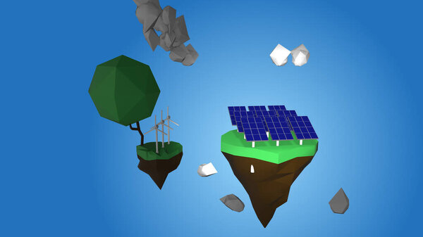 3d rendering of landscape with solar panels and windmills.