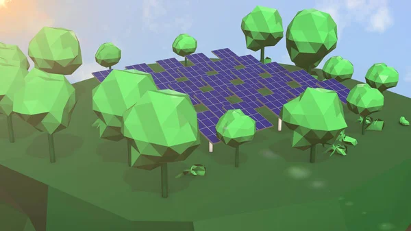 3D иллюстрация солнечной электростанции и деревьев вокруг на зеленом фоне. — стоковое фото