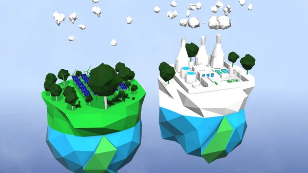 3D-Darstellung von zwei magischen tropischen Inseln mit Bäumen, die über dem Meer fliegen. — Stockfoto