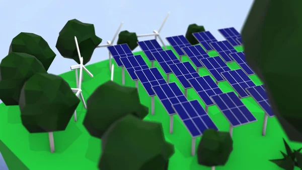 3D-rendering av solpaneler i det gröna fältet. — Stockfoto