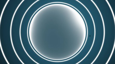 Mavi arkaplanda soyut neon dairelerin 3d çizimi.