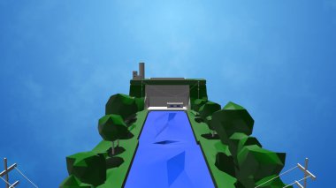 Su kanalı ve ilgili tesislerle düşük polimer su arıtma tesisi altyapısının 3D görüntülenmesi.