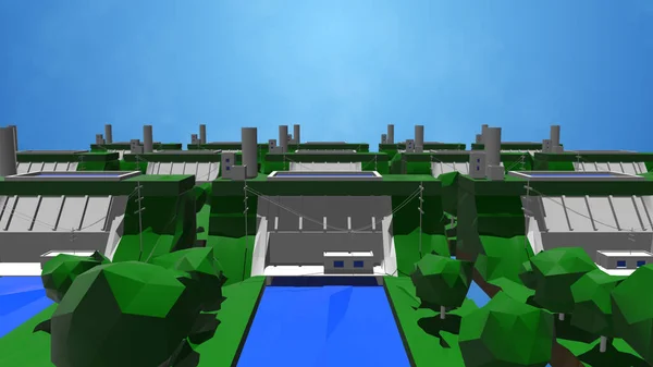 3D рендеринг низкого поли острова с различными зданиями. — стоковое фото
